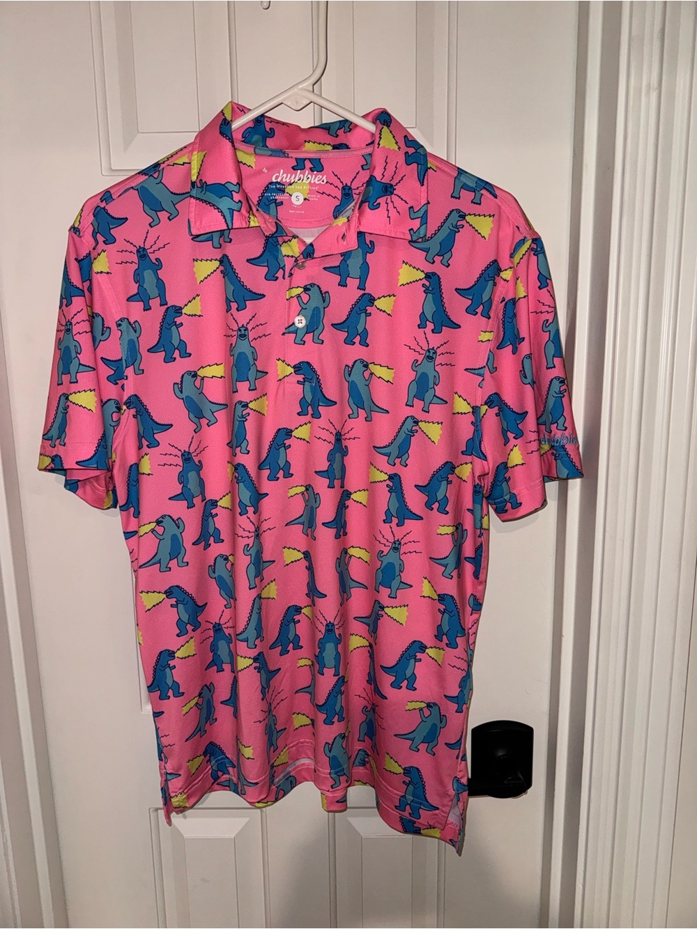 chubbies Pink Short Sleeve Polo with Blue Dinosaur Print